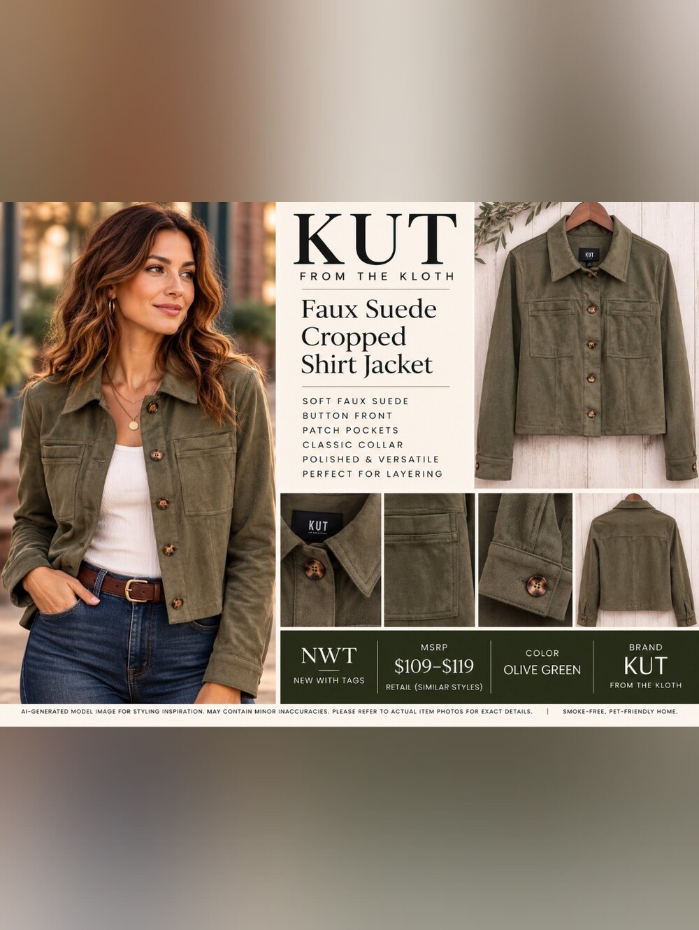 KUT From the Kloth Olive Green Faux Suede Cropped Shirt Jacket NWT